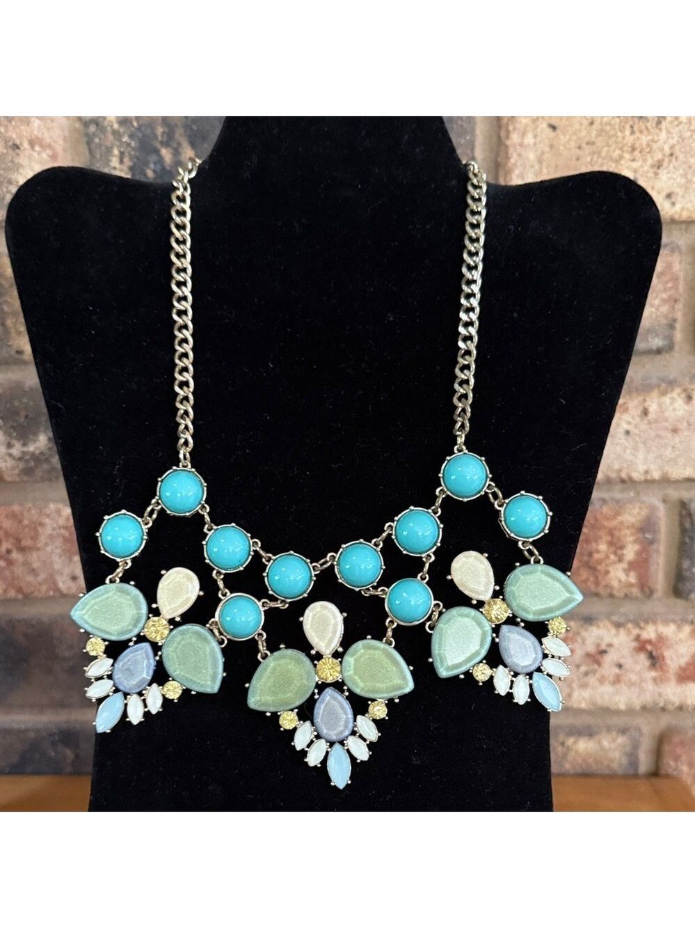 Vintage Blue, Green and Yellow Statement Necklace with gold tone chain